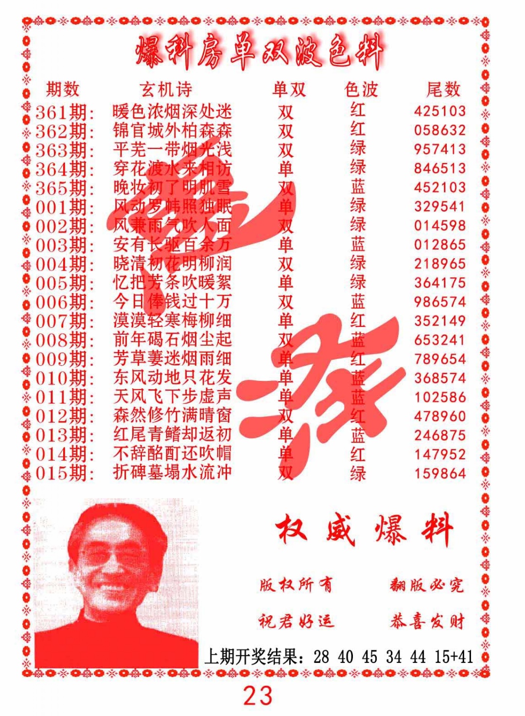 008期爆料房单双波色料[图]